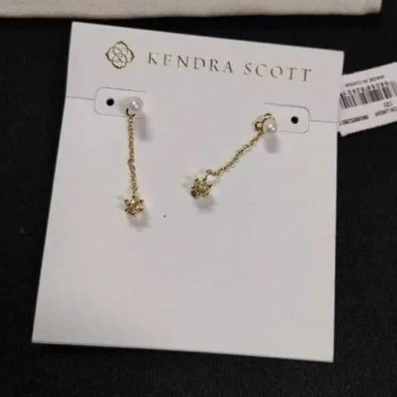 New Kendra Scott Leighton Linear Gold Pearl Earrings